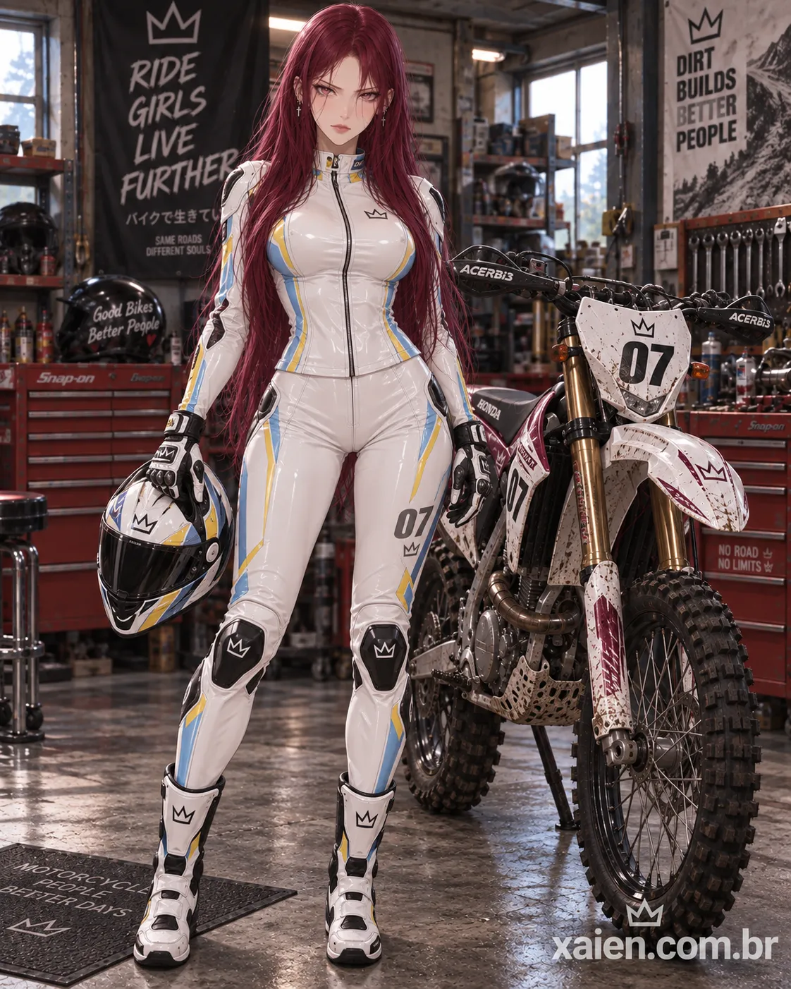 Anime moto cross usando macacão branco de motocross