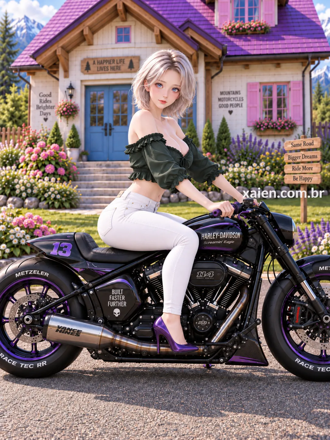 Anime moto custom andando em estrada com sensação de alta velocidade