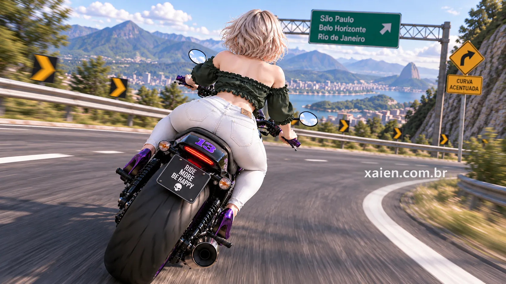 Anime moto custom: anime adulta e sua moto roxa ganham a estrada em alta velocidade