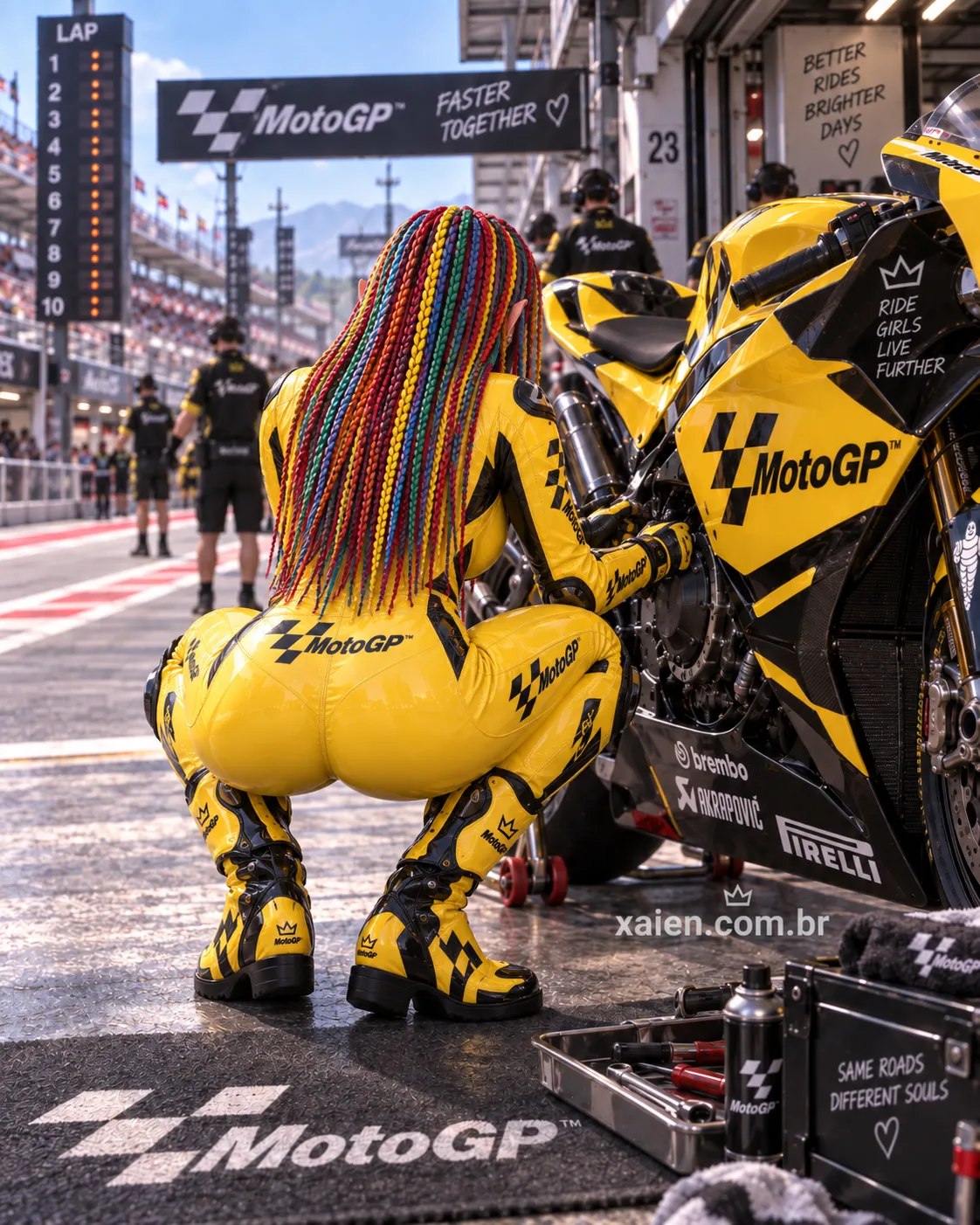 Machika Araya pronta para pilotar sua moto no circuito de corrida