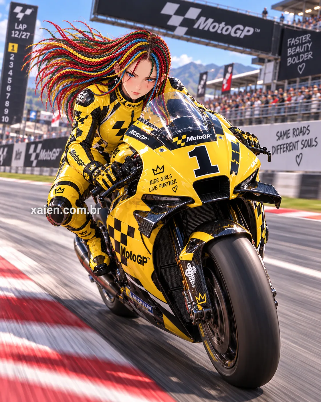 Anime moto gp Machika Araya pilotando moto em alta velocidade