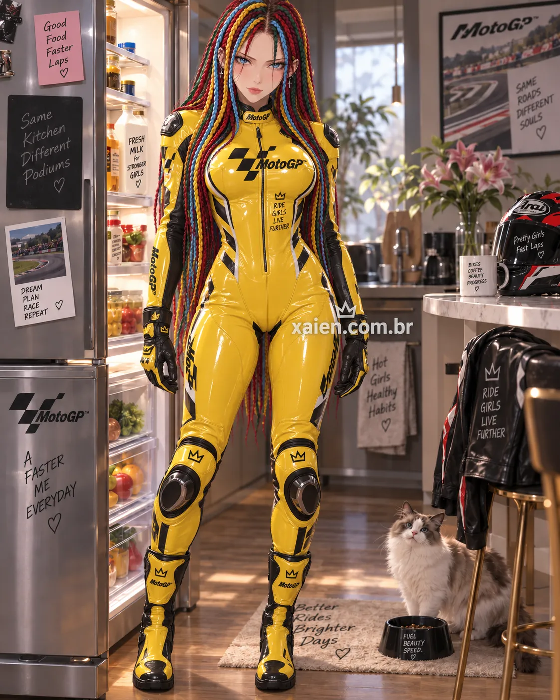 Anime moto gp Machika Araya ao lado de moto de corrida no autódromo
