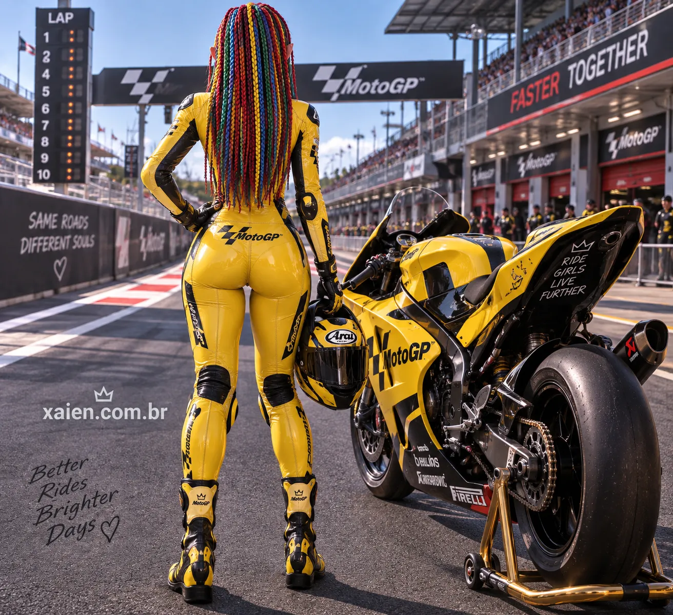 Anime japonesa Machika Araya agachada verificando moto de corrida