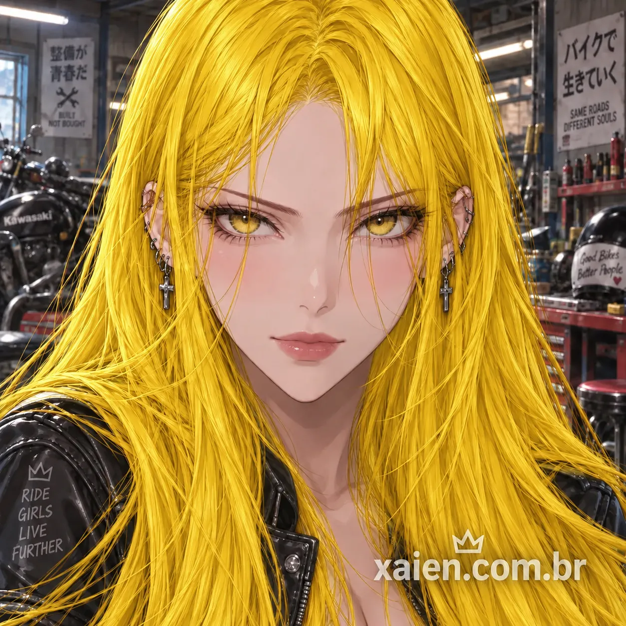 Anime moto na estrada com garota 3D de cabelo amarelo em sua casa colorida