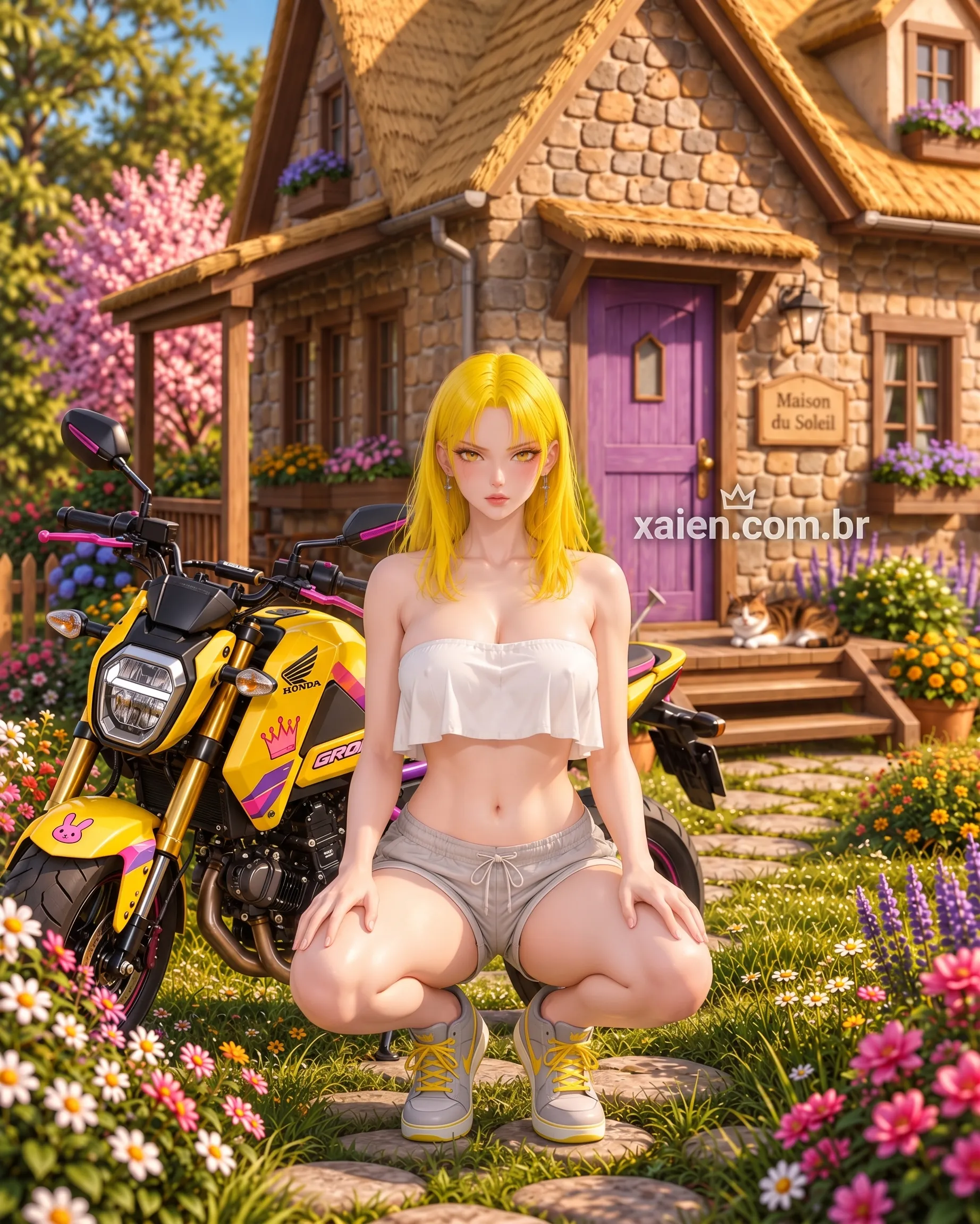 Anime moto na estrada retornando para sua casa colorida depois do passeio
