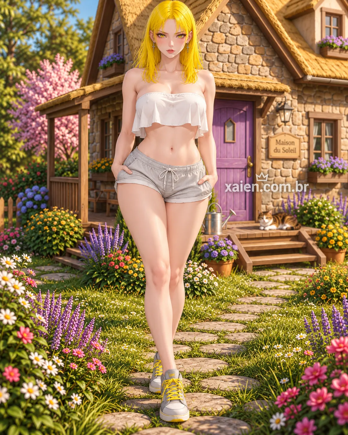 Garota anime 3D de cabelo amarelo saindo de sua casa colorida