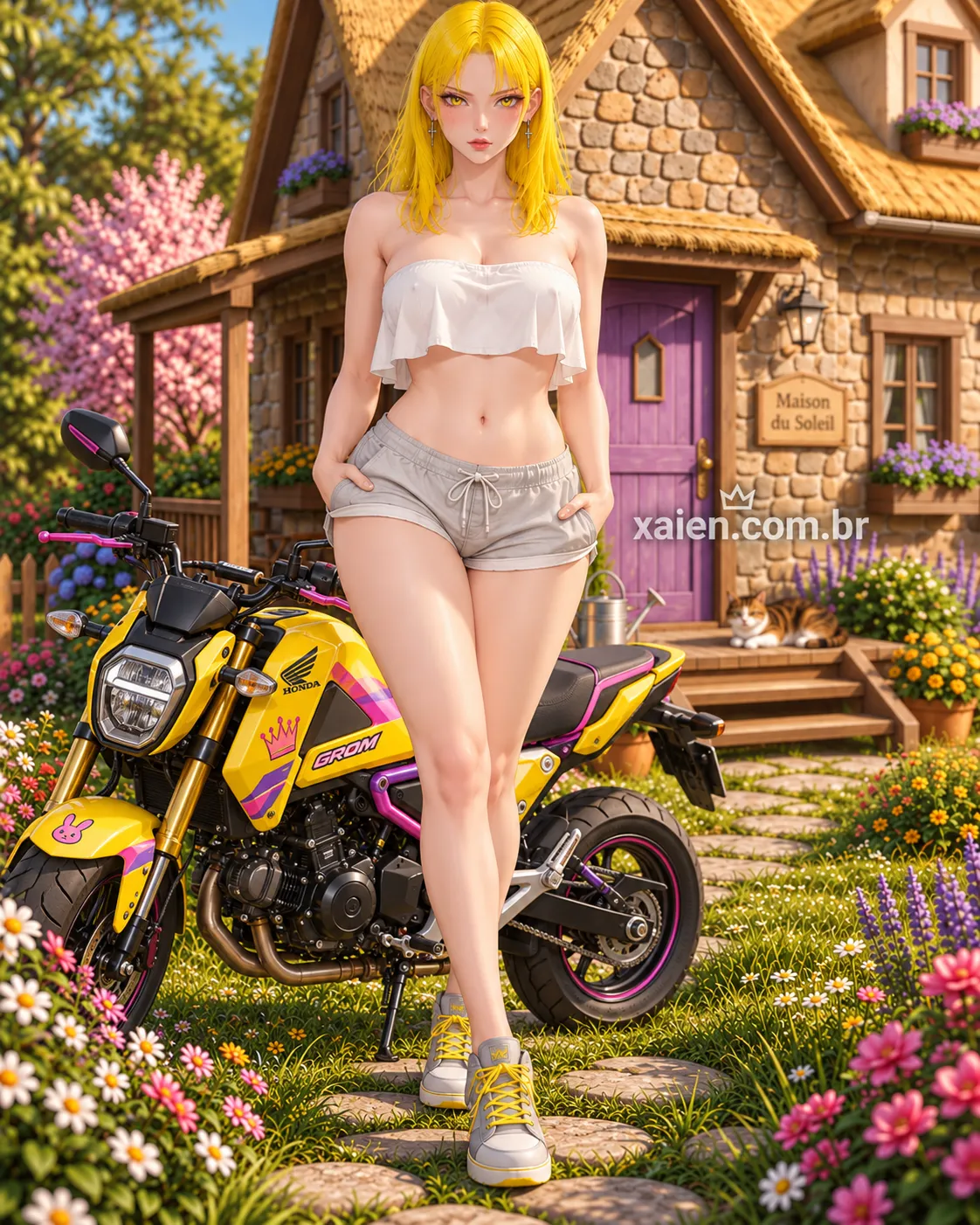 Anime moto na estrada saindo de casa em pequena motocicleta de baixa cilindrada