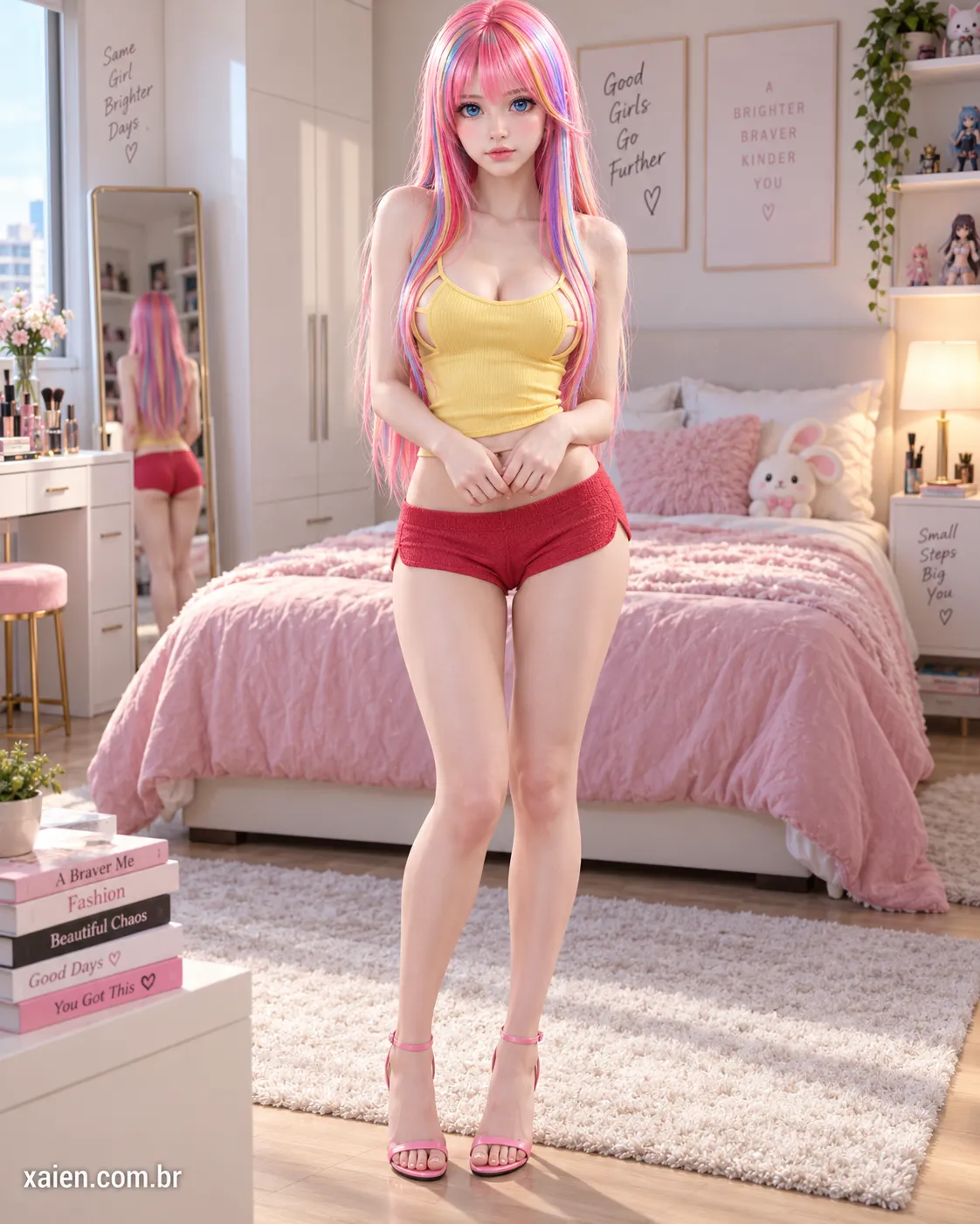 Anime moto rosa Layla Kranewitter pensativa em seu quarto