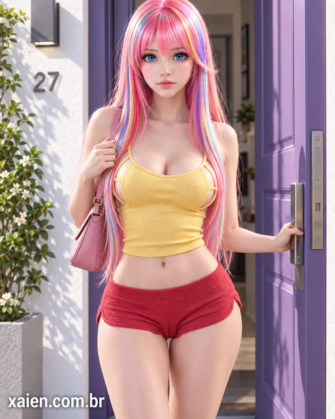 Anime moto rosa com Layla Kranewitter saindo de casa