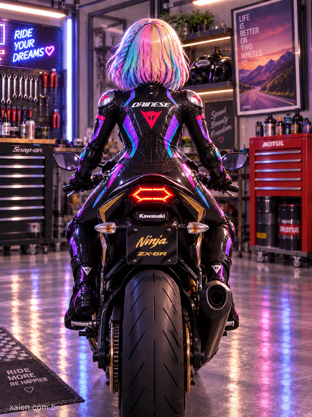 Anime motoqueira de macacão ao lado da motocicleta