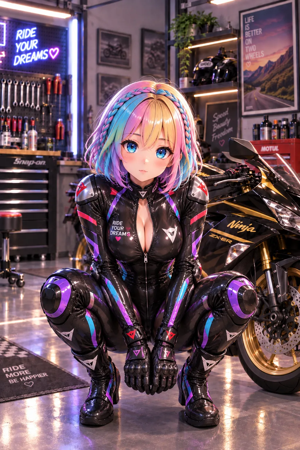 Anime motoqueira sentada na motocicleta usando macacão