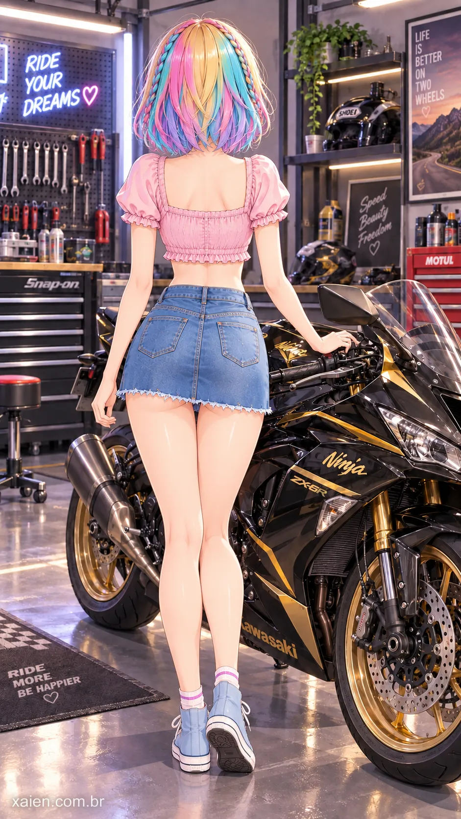 Anime motoqueira de cabelos coloridos usando roupa casual