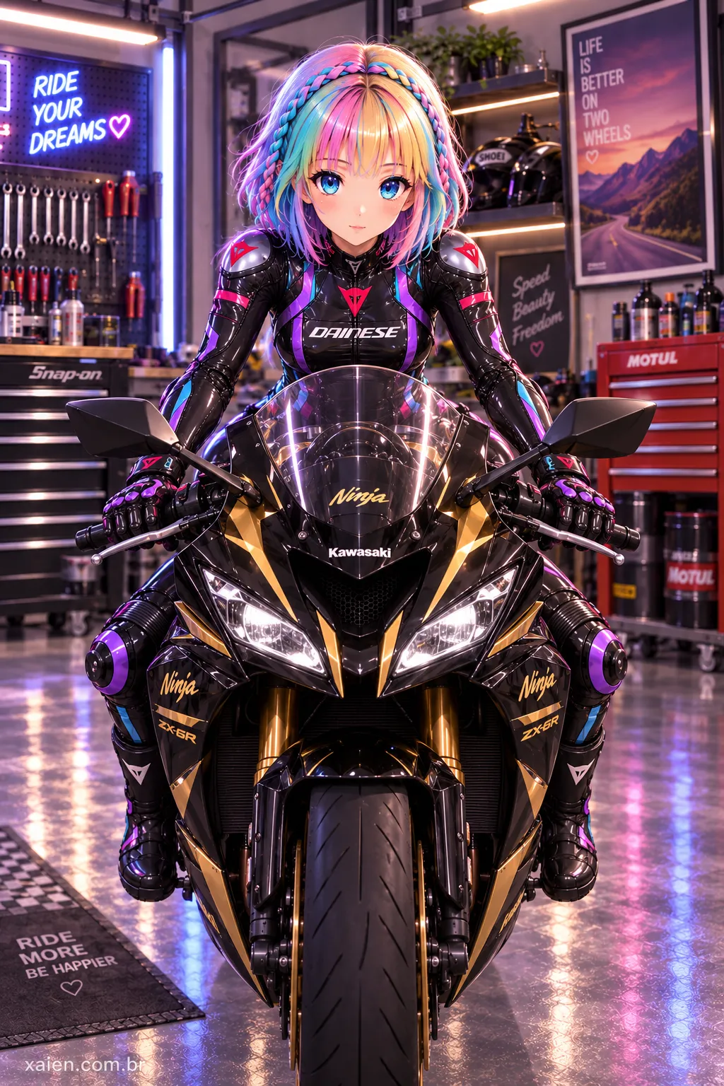 Anime de cabelos coloridos usando roupa de motoqueira