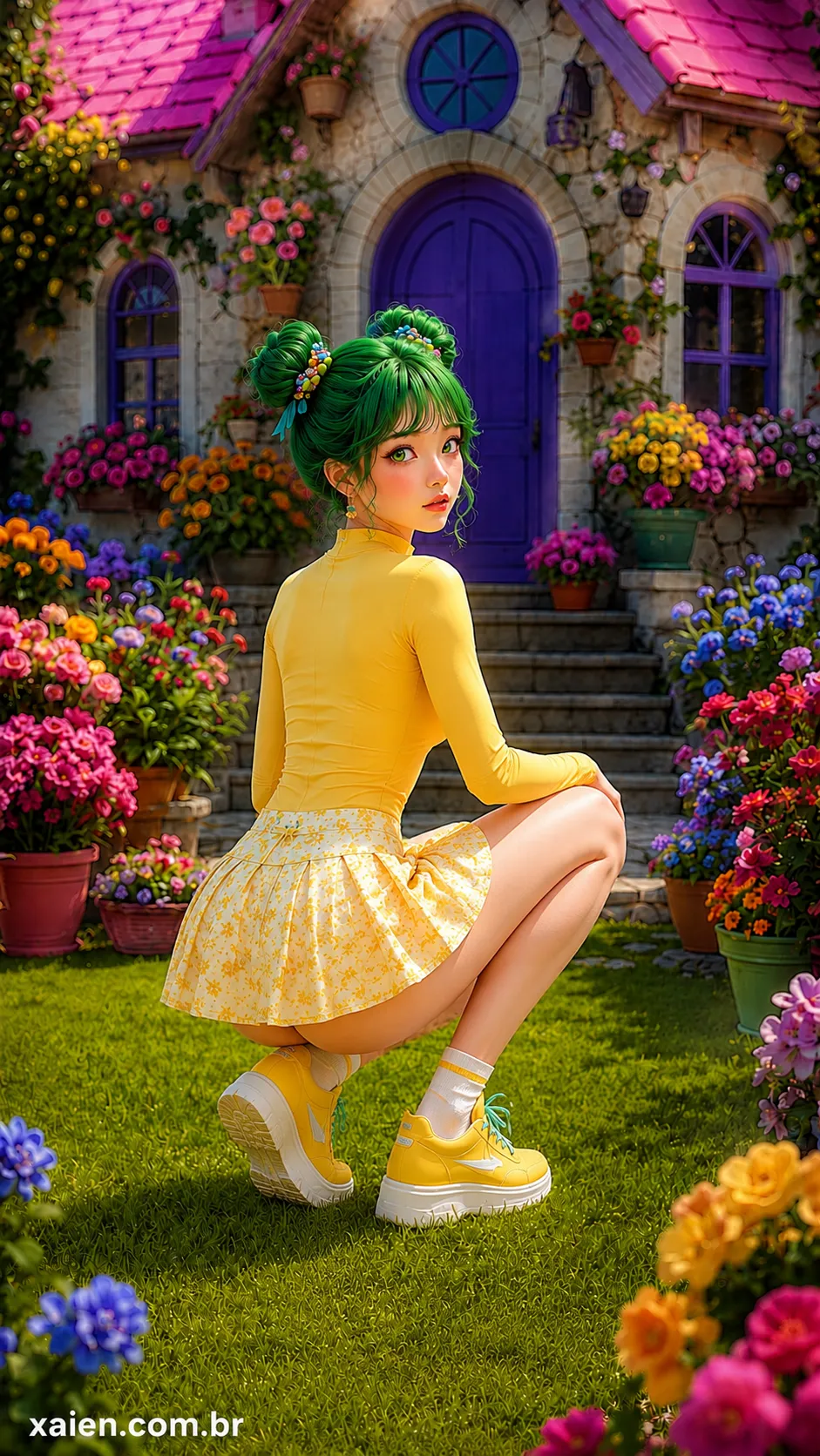 Anime olhos verdes agachada no jardim da casa de pedra