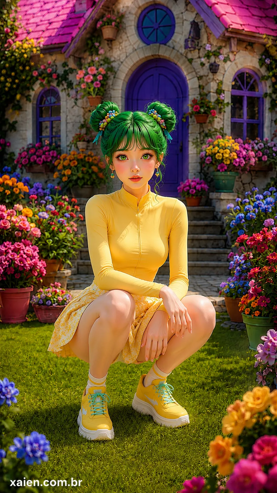 Anime menina olhos verdes agachada de frente em jardim florido