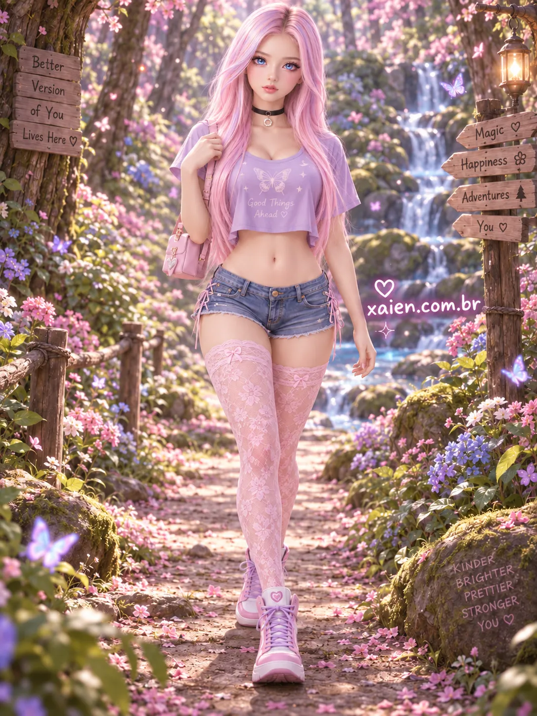 Anime de primavera caminhando pelo bosque com cropped e short jeans