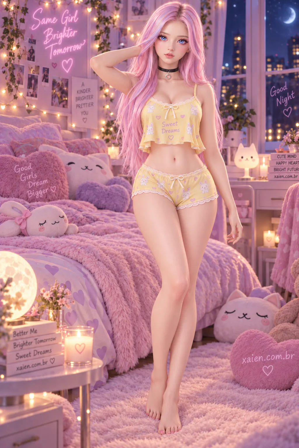 Anime primavera com mini blusa de alça e short de algodão amarelo