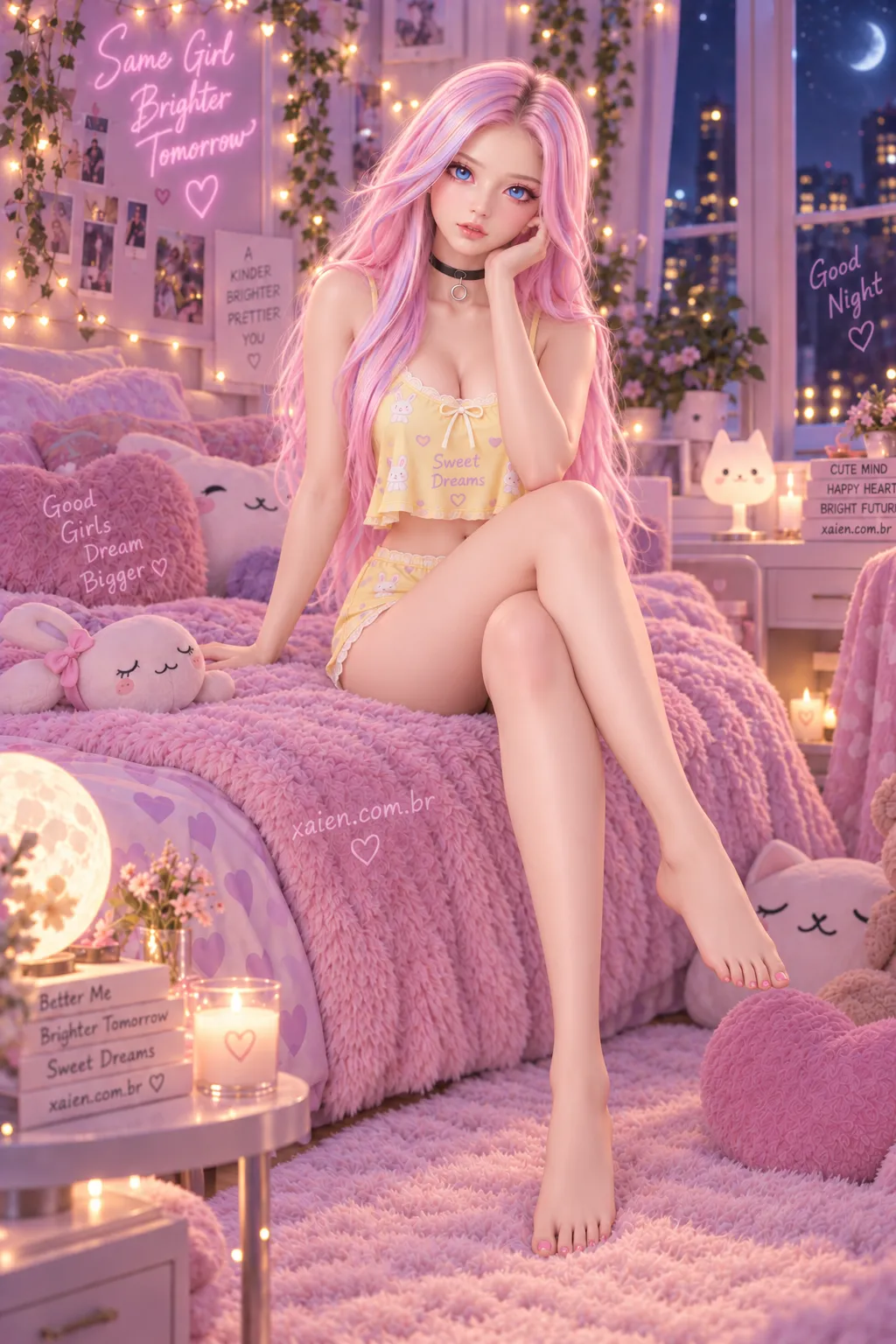 Anime primavera em casa usando pijama amarelo de algodão