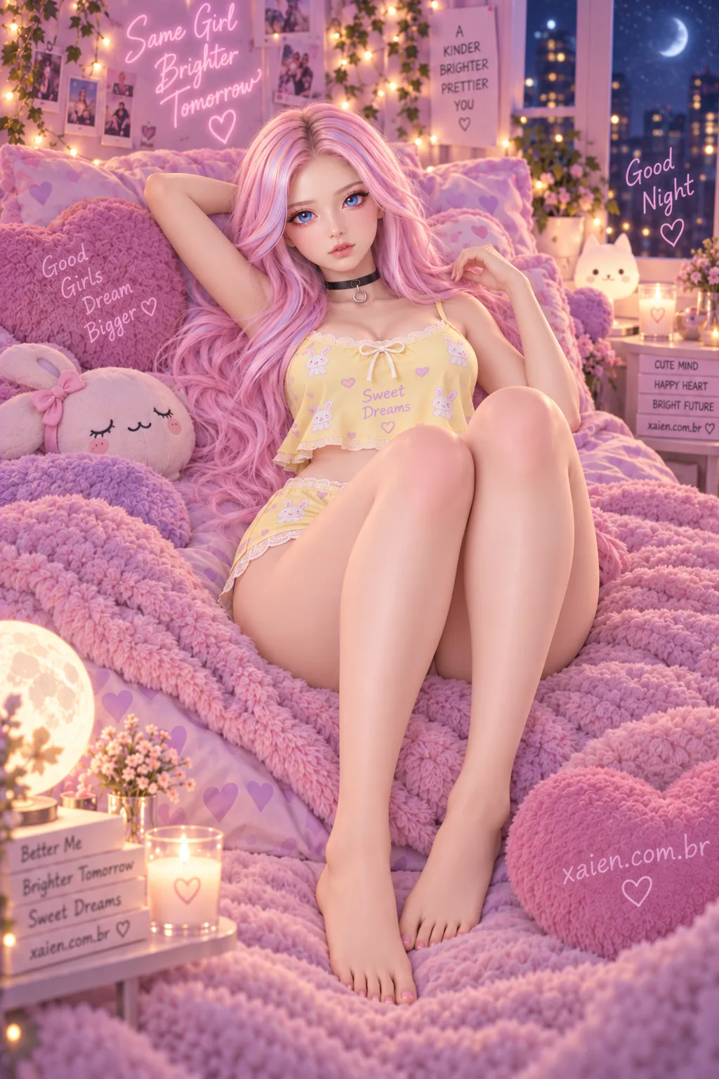 Anime primavera com camisola de seda amarela no quarto