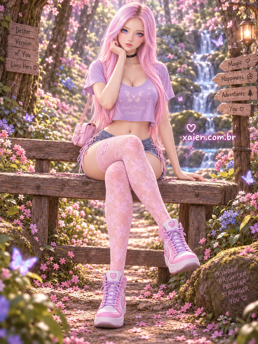 Anime primavera com short jeans em passeio entre árvores