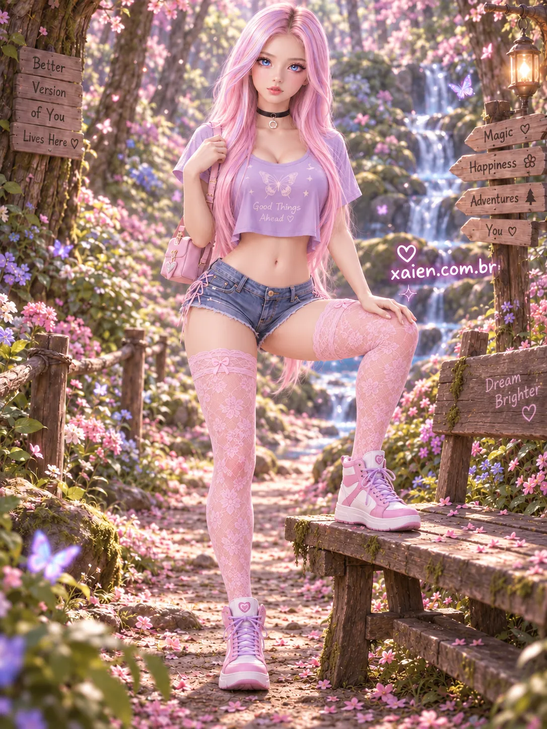 Anime primavera em caminhada pelo bosque durante editorial de moda