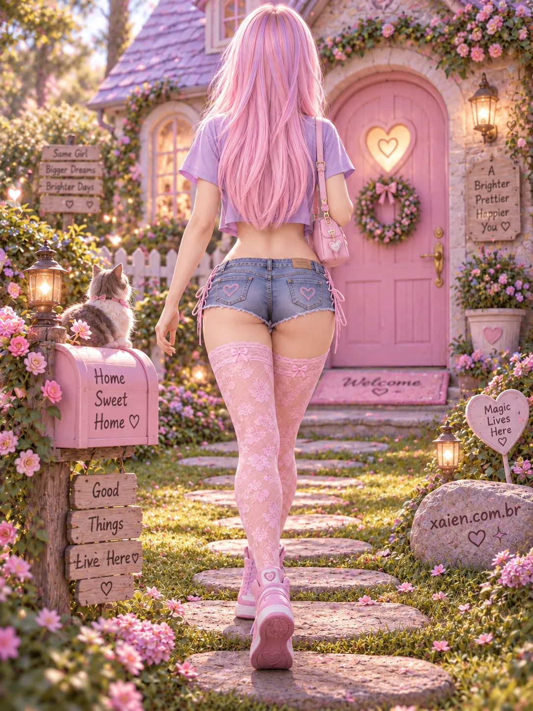 Anime primavera Xaien em cenário verde com detalhes lilás no look
