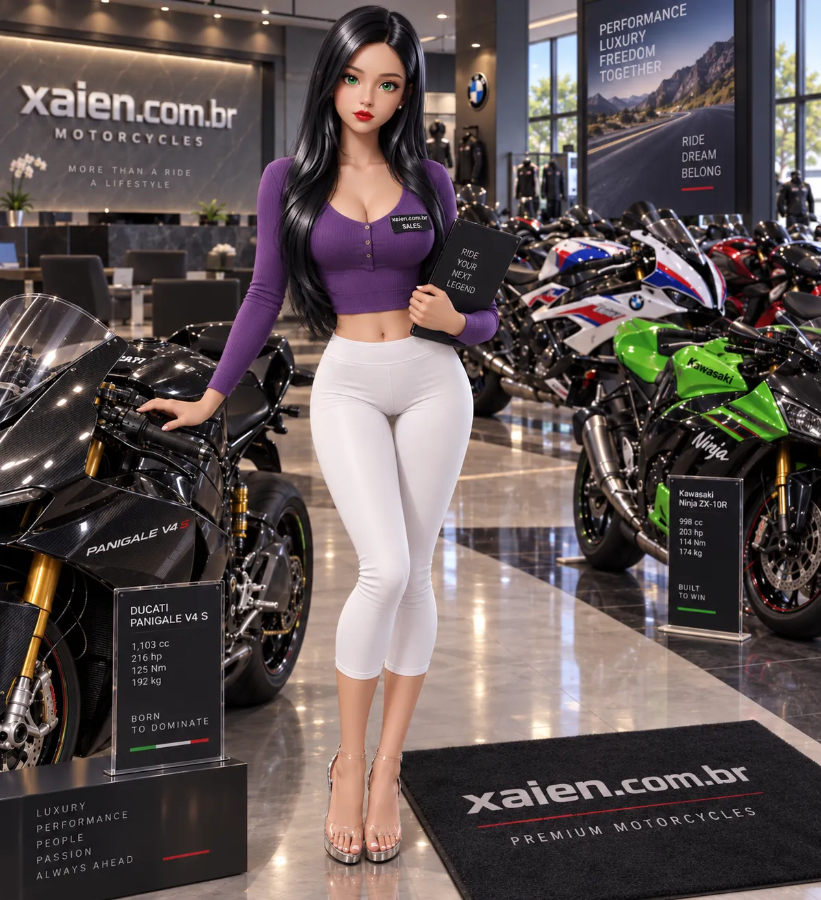 Anime vendedora de motos morena em showroom de motocicletas