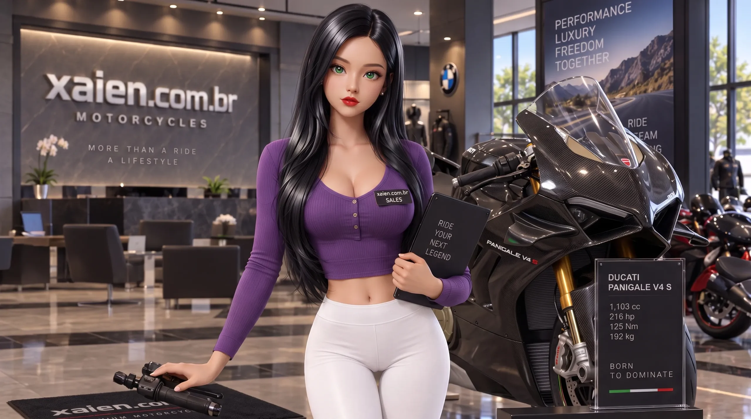 Anime vendedora de motos: a rotina 3D entre o showroom e o descanso em casa