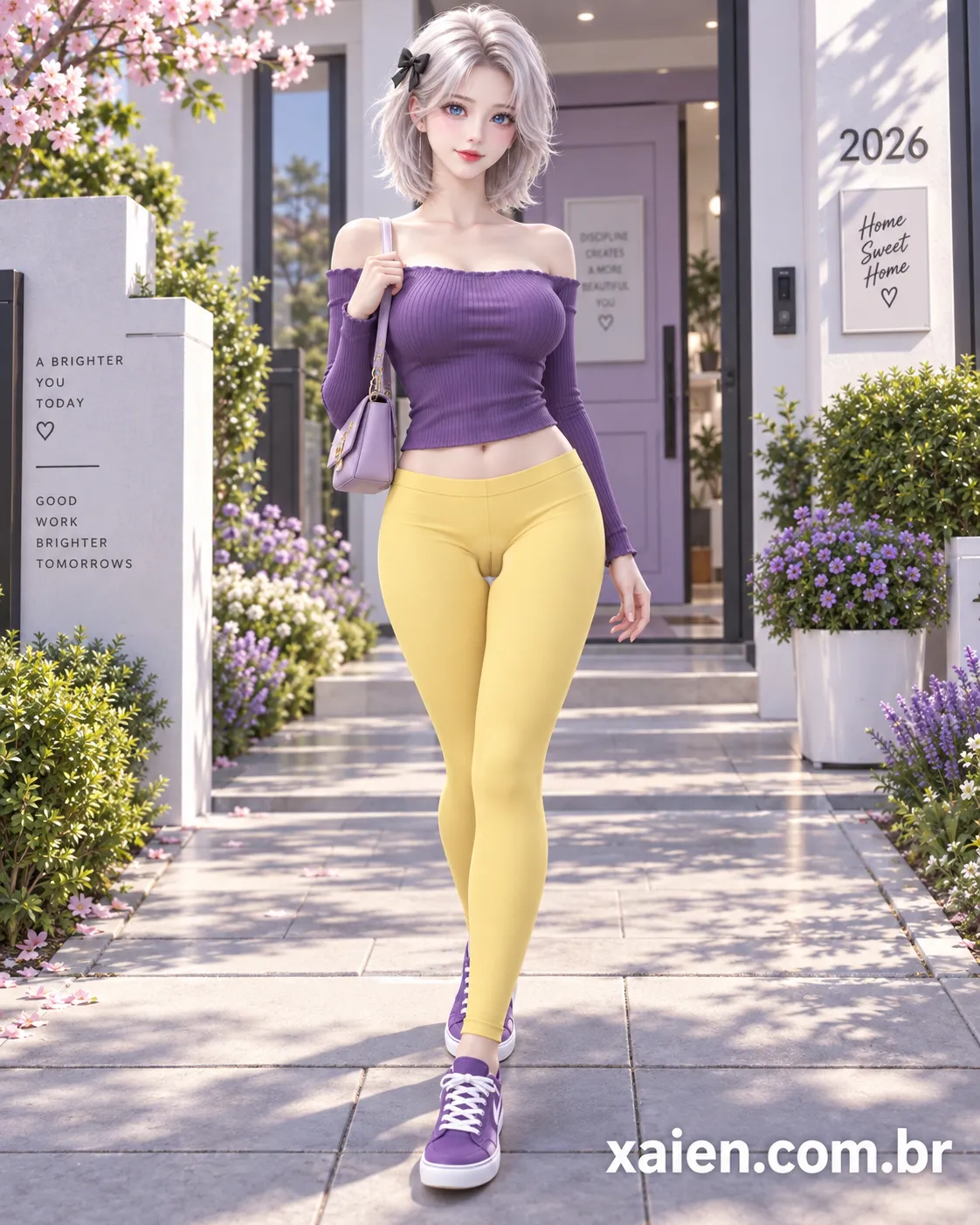 Honor Watson anime 3D com legging amarela e blusa roxa na primavera 2026
