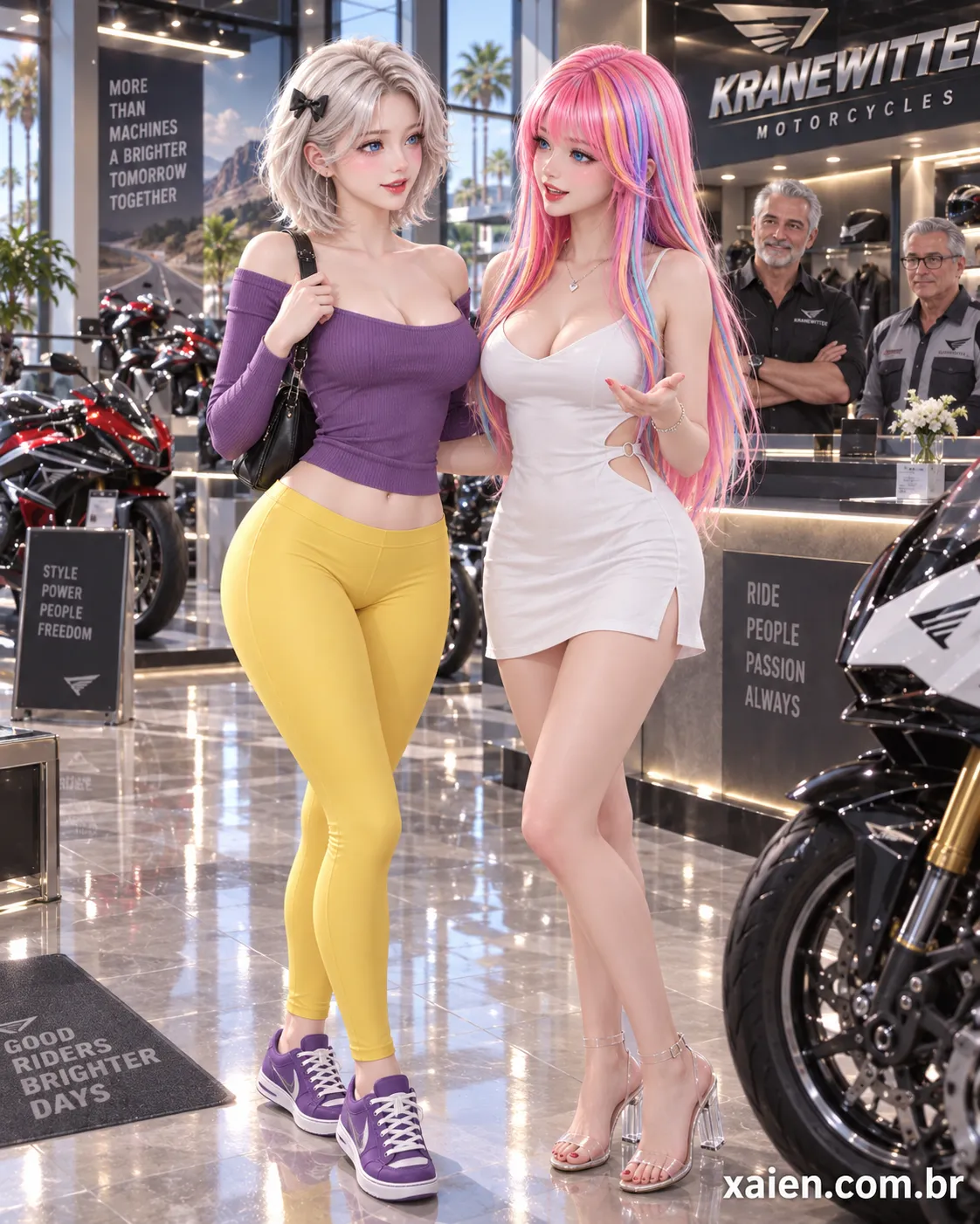 Honor Watson e Layla Kranewitter conversando na loja de motos