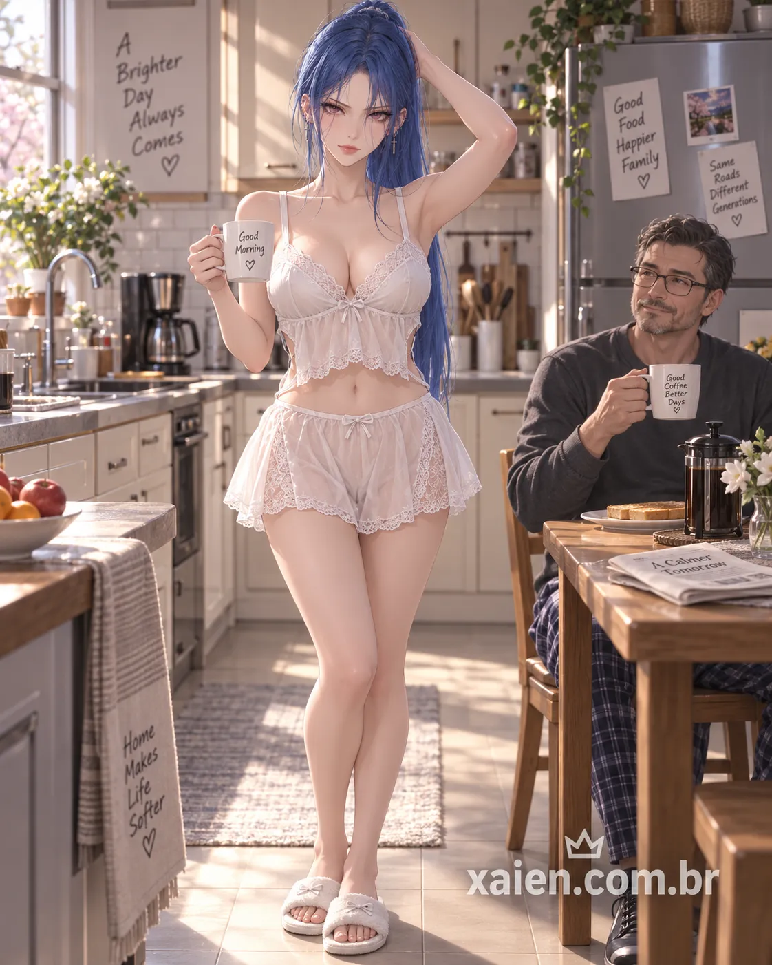 Anime japonesa universitária ajeitando o cabelo azul durante conversa em casa