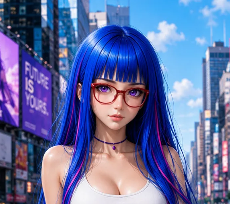 Rosto de anime 3D com cabelo azul, olhos roxos e óculos vermelhos