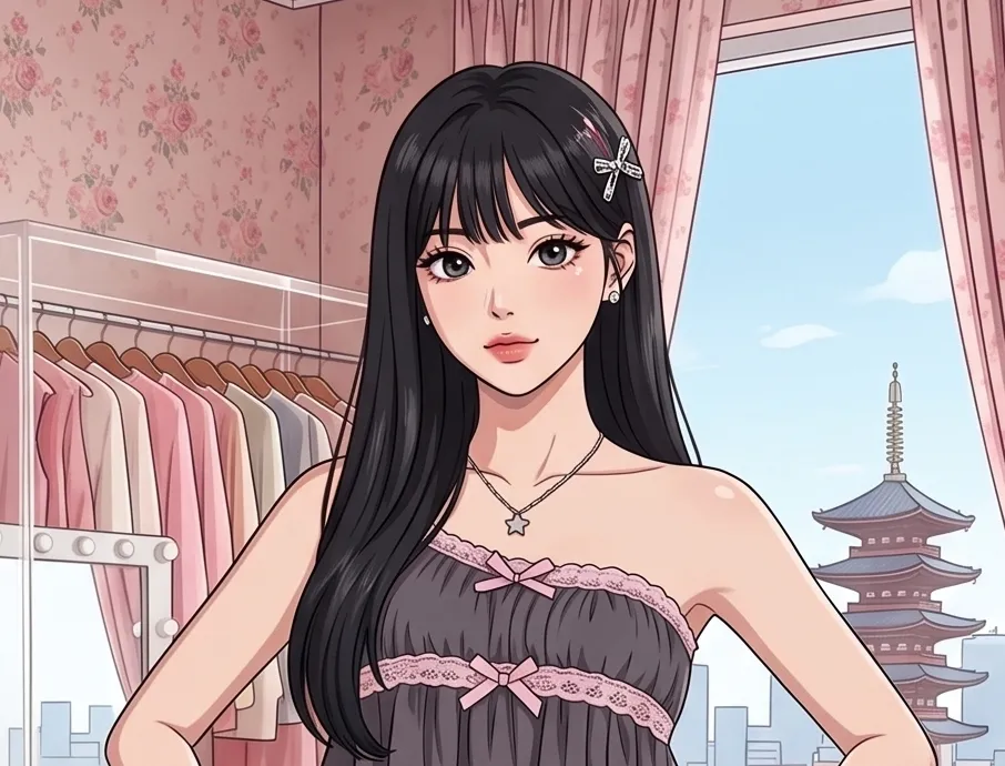 Rosto de anime original com olhos verdes escuros, cabelo preto longo e iluminação rosa